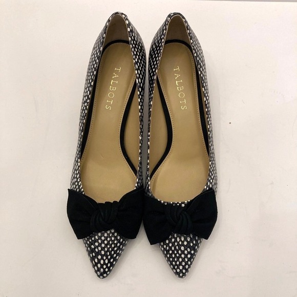 Talbots Sylvie Kitten Heel Bow Pumps Embossed Ocelot Black Leather Womens 8M NEW - Picture 5 of 9